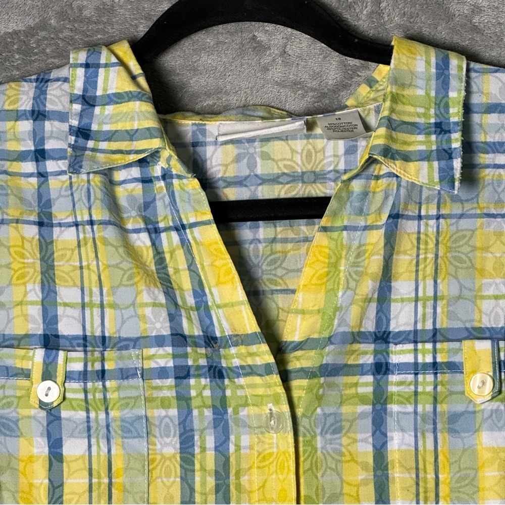 Alfred Dunner 18 1X Shirt Top Yellow Plaid Short Sleeve V Neck Button Up Cotton - Picture 3 of 6